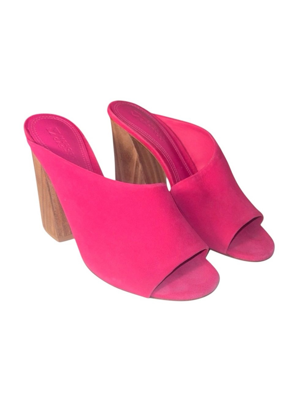Mercedes Castillo Izar High Asymmetrical Pink Suede Mules Wood Block Heel, 6